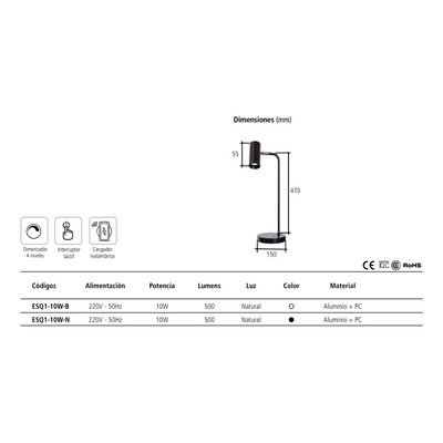 Lámpara De Escritorio Tbcin Esq1-10w Negra Usb 150mm