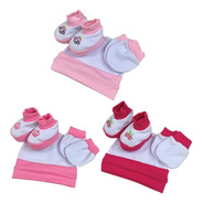 Kit Sapato Luva E Touca Bebê Bordado Para Menina 3 Kit Rosa