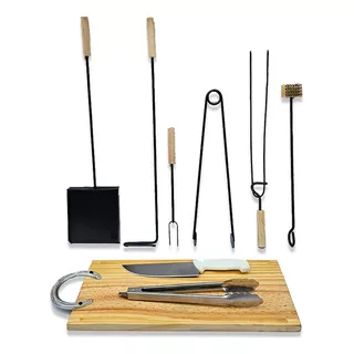 Kit Asador X9piezas Tabla Herradura Cepillo Pinza Acero Pala