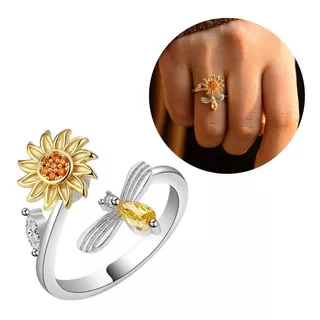 Anillo Para Mujer Con Girasol Spinner Antiestrés Color Plata