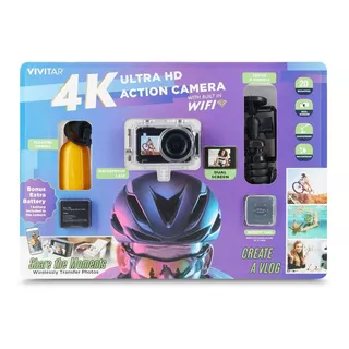 Kit Camara De Acción Ultra Hd Vivitar 4k Y Accesorios 21 Pzs Color Negro