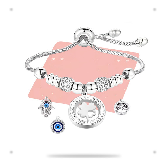 Pulsera Mujer Mano Fatira Ojos Turcos Trébol Acero Amuleto