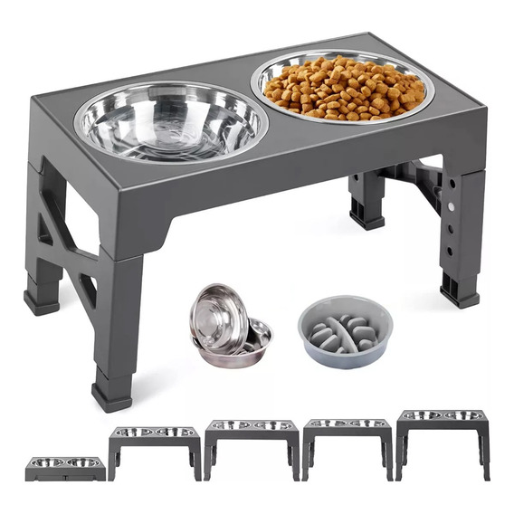 Comedero Elevado Ajustable Para Perro Gato Con Tazones Plato