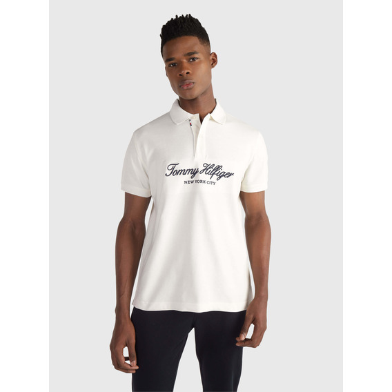 Polo Blanca Con Firma Bordada De Hombre Tommy Hilfiger