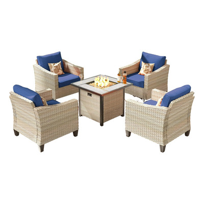 Juego De 5 Muebles Exterior Mimbre Cojin Azul Mesa Fogata 