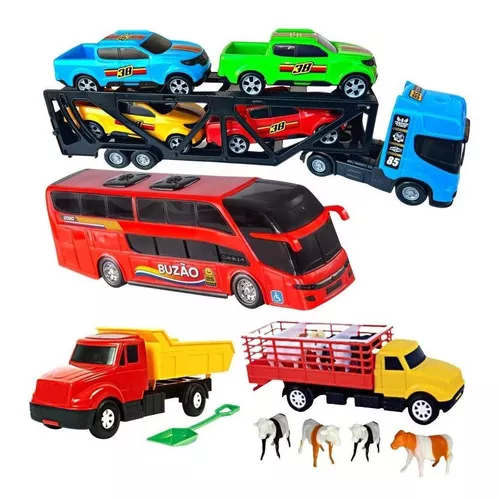 Kit 1 Caminhão Cegonheira C/ 2 Carrinhos Caminhão Reboque Cegonha C/  Carrinho + 1 Onibus Buzão Brinquedo Infantil - Escorrega o Preço