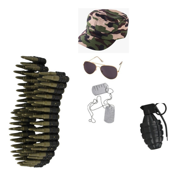 Combo Disfraz Militar Cinturon Gorra Granada Chapa Anteojos