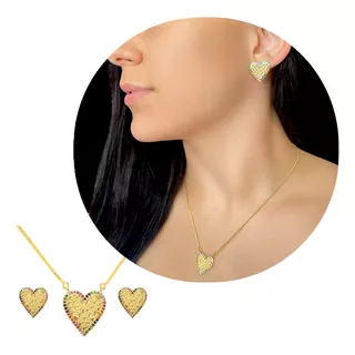 Conjunto Brinco E Corrente Coração Folheado A Ouro 18k Kit