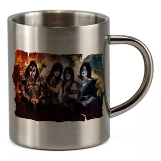 Caneca Inox 400ml Banda Kiss Membros Foto Montagem Fogo