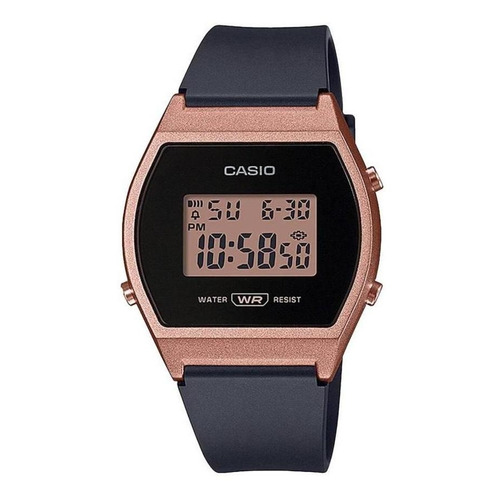 Reloj pulsera digital Casio LW-204 con correa de resina color negro - fondo rosa - bisel oro rosa