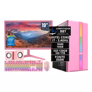 Pc Gamer Completo Rosa I7 16gb Ssd 120gb Hd 1tb Monitor Kit