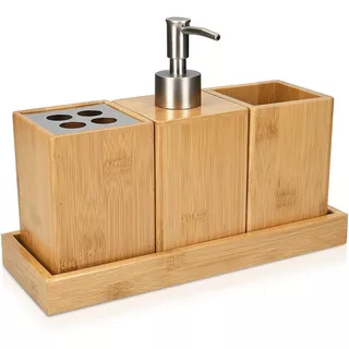Kit Baño Bambu Dispenser + Vaso + Porta Cepillo