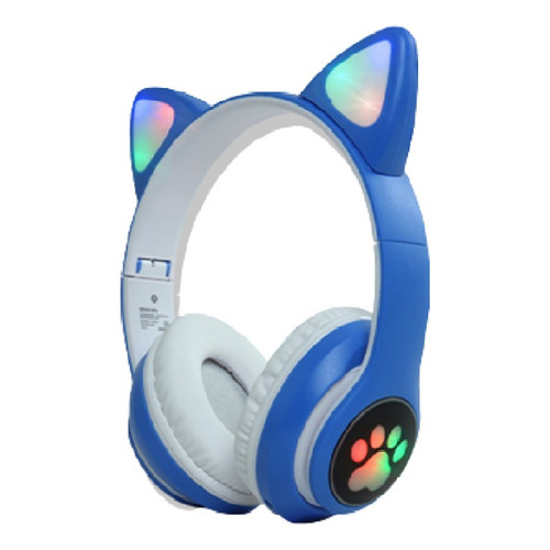 Audífonos Diadema Orejas De Gato Luz Led Bluetooth Microsd Color Azul