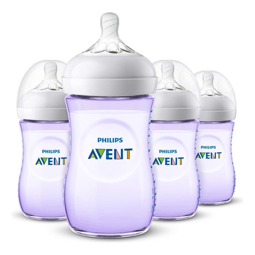 Set de 4 biberones Avent Natural anticolicos 260ml 9oz 1m+ color morado