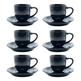 Jogo Xícaras Café Pretas Com Pires 12 Peças Porcelana 95ml