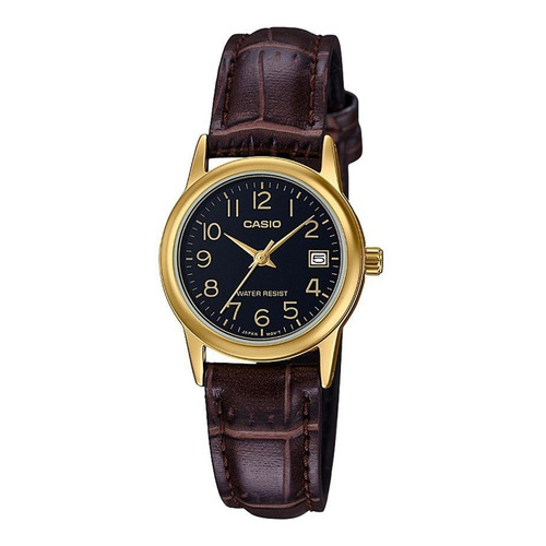 Reloj Casio Ltp-v002gl-1budf Mujer 100% Original Color De La Correa Marrón Color Del Bisel Oro Color Del Fondo Negro
