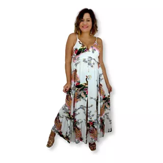 Vestido Longo Indiano Alça Estampa Floral Com Fenda 7040