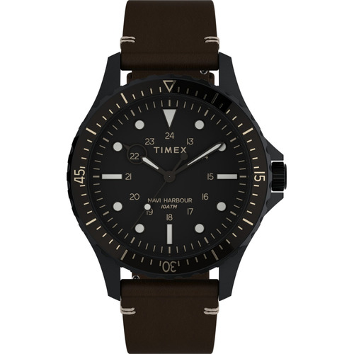 Reloj Timex Hombre Tw2v45400 Cuero Marron Navi Harbour 100m Color del bisel Negro Color del fondo Negro