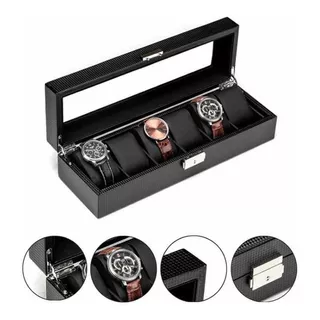 Caja Organizadora 6 Relojes En Cuero Negro ,interior Negro