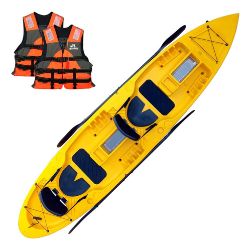 Kayak Caiaker New Foca 2 Plz Estable + Chalecos Aventureros Color Amarillo
