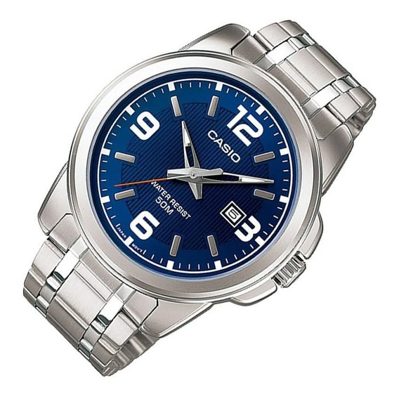 Reloj pulsera Casio Enticer MTP-1314 de cuerpo color plateado, analógico, para hombre, fondo azul, con correa de acero inoxidable color plateado, agujas color gris, blanco y naranja, dial blanco y gri