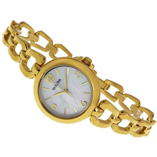 Reloj Bulova 97l138 chapado en oro, visera blanca perla. Color de la correa: chapado en oro, color del bisel, chapado en oro, color de fondo: blanco perlado.