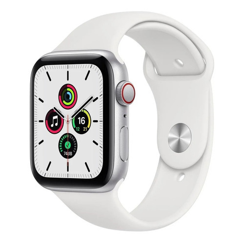 Apple Watch SE (GPS + Cellular, 44mm) - Caja de aluminio color plata - Correa deportiva Blanca