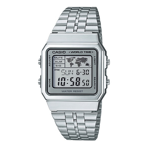 Reloj pulsera Casio Vintage A500WA-7d de cuerpo color plateado, digital, fondo blanco y gris, con correa de acero inoxidable color plateado, dial negro, minutero/segundero negro, bisel color platead