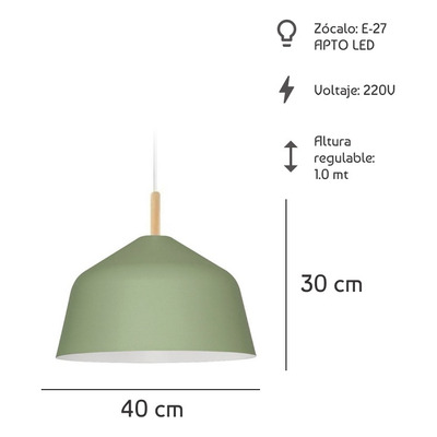 Lampara Colgante Campana 40cm Verde Diseño Con Madera C377 