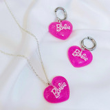 Set Barbie Collar Plata  Y Aretes Acero Corazón Rosa Mujer