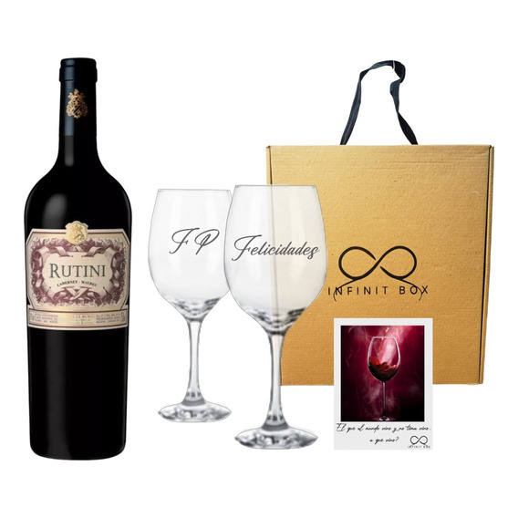 Box Vino Rutini Cab-malbec + 2 Copas Vidrio Grabadas Regalo