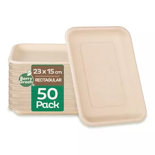 50 Charolas Desechables Rectangular Plato Biodegradable Liso Material De Calidad, Resistente A Líquidos, Hecho De Fibras De Caña De Azúcar De 16.5 X 22.5 Cm (6.5 X 8.8 Pulgadas)