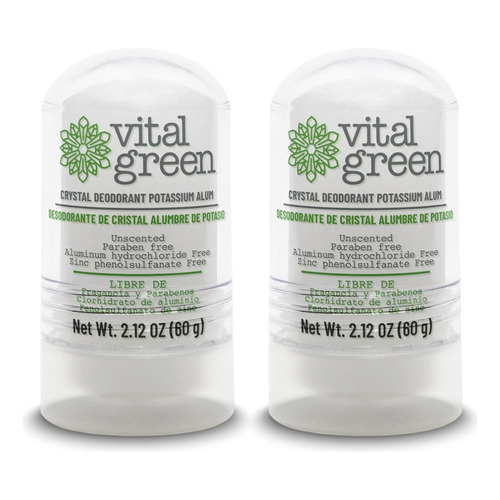 Vital Green - 2 Pack De Desodorante 60g Natural De Piedra Cristal De Alumbre De Potasio, Sin Parabenos Y Sin Alcohol.  Presentación 60 G - 2.1 Oz (2 Pack)