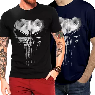 Kit 2 Camisetas The Punisher Justiceiro Caveira Preta/azul