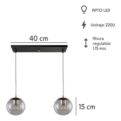Colgante 2 Luces Globo Con Cobre Moderno Apto Led E-27 