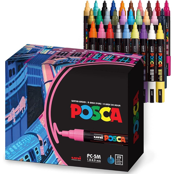 Set De Marcadores Base Agua Uni Posca Pc-5m Pta Med 29pzs