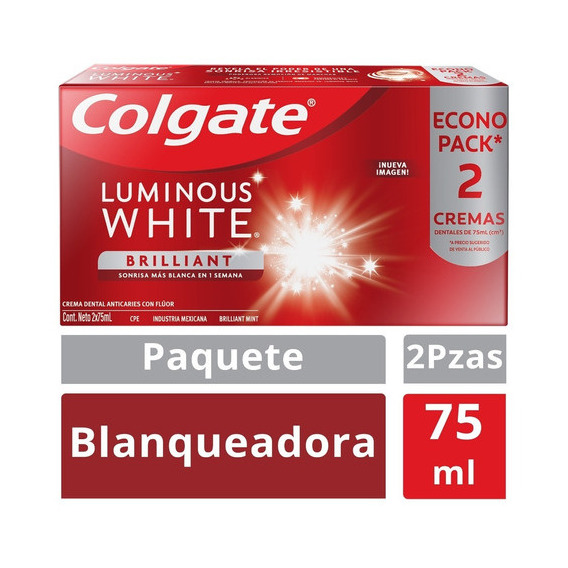 Crema dental blanqueadora Colgate Luminous White X2 75ml Cada una