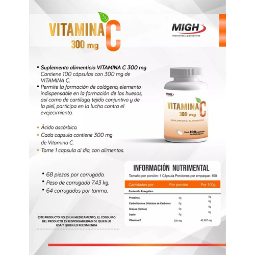 Migh Vitamina C 300mg 100 Caps Sabor Sin Sabor