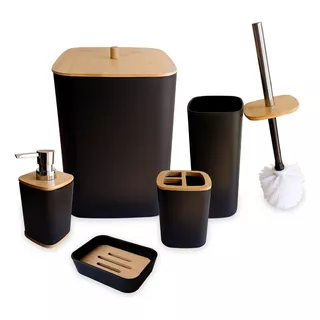Set Baño Bambu Plastico X6 Cesto Dispenser Escobilla Negro 