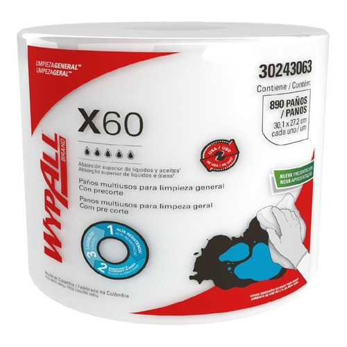 Paños X60 Wypall® Jumbo Roll Reutilizable - (890 Paños) Blanco