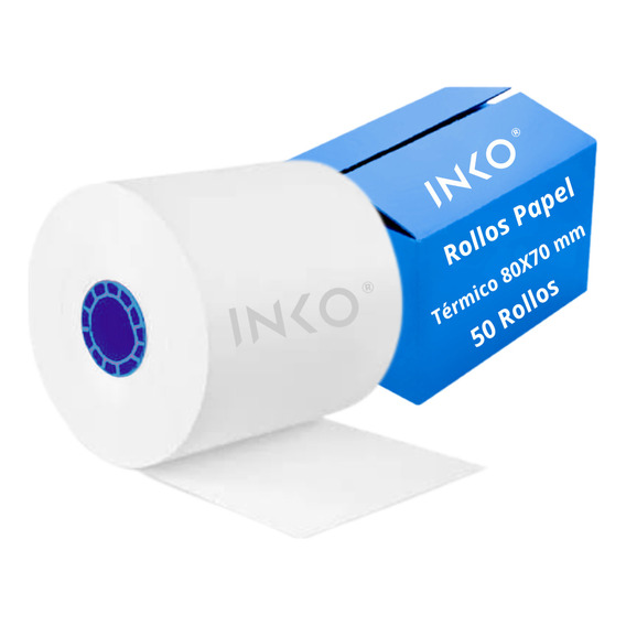 Caja 50 Rollos Papel Térmico INKO 80x70mm Alto Rendimiento Impresora 80mm Tickets Recibos compatible con EPSON BIXOLON