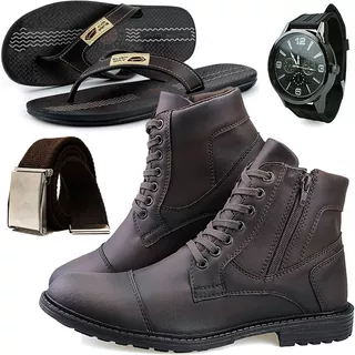 Kit Bota Casual Masculina + Cinto Relógio Chinelo Conforto