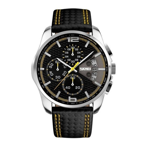 Reloj de pulsera Skmei 9106 de cuerpo color plateado, analógico, para hombre, fondo negro, con correa de cuero color negro y amarillo, agujas color blanco y amarillo, dial plateado, subesferas color negro, minutero/segundero amarillo, bisel color negro y hebilla simple