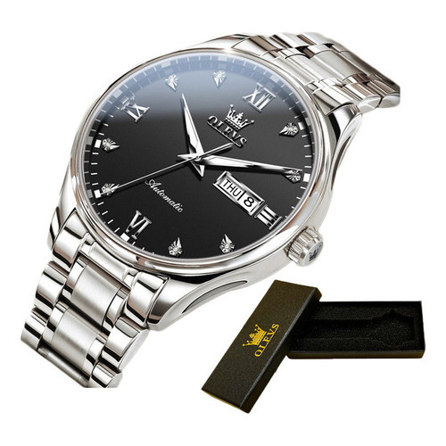 Reloj De Pulsera Mecánico Automático Casual Olevs Para Hombr Color Del Fondo Silver Black