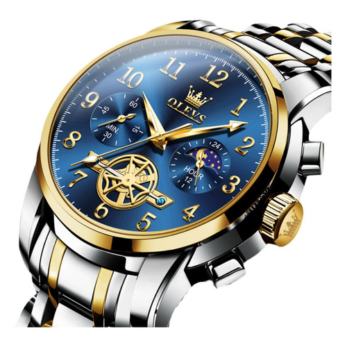 Reloj De Cuarzo Luminoso De Lujo Olevs Moon Phase Color Del Fondo Silver Golden Blue
