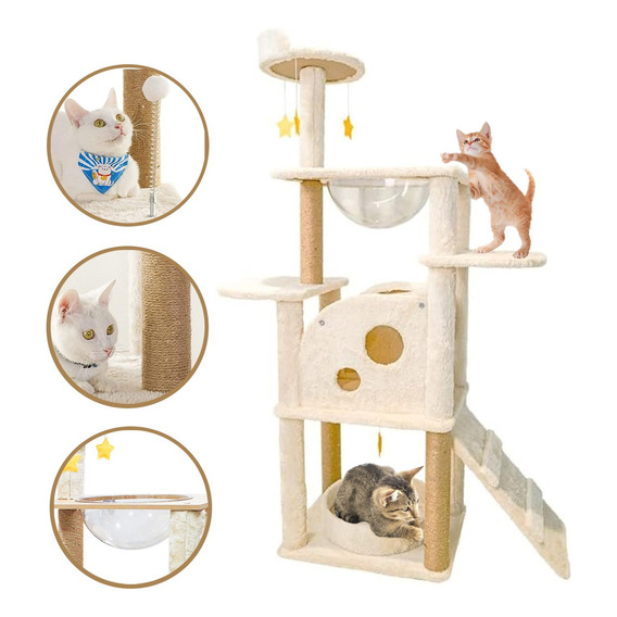 Pet King PK5922 Mueble Para Gatos Rascador Juguete Arbol Casa Esferas 142 Cm Color Beige Afelpado