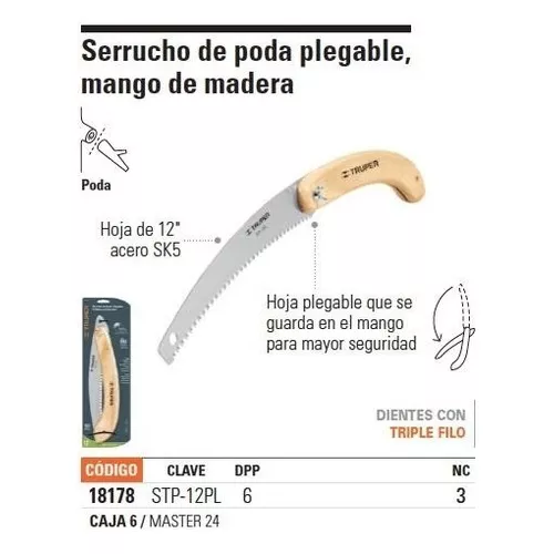Truper 33176 Sierra de podar plegable portátil de 12 pulgadas, mango de  madera