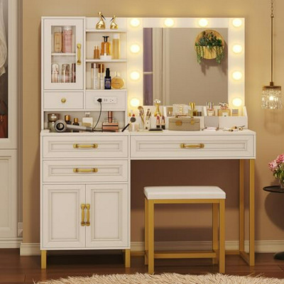 Vanity Desk Con Espejo Y Luces, Cargador Y Taburete - Mesa D