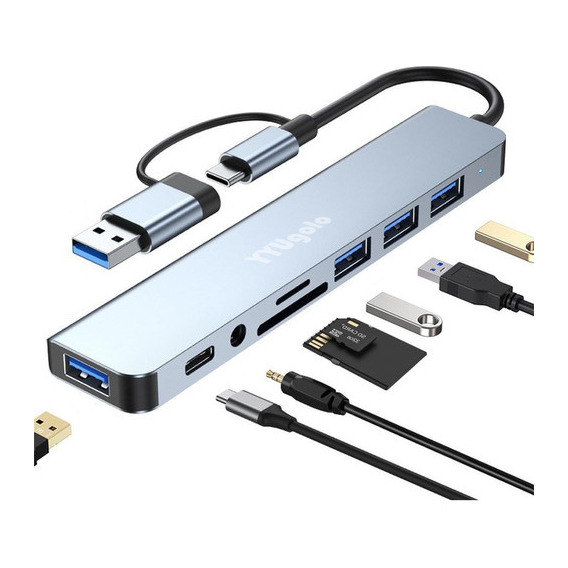 Adaptador Usb C Hub Tipo C, 8 En 1 Multipuerto, Usb 3.0, Sd Gris