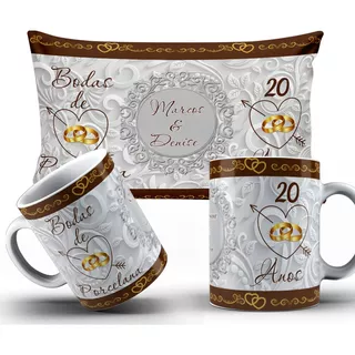 Kit 2 Canecas E 1 Uma Almofada 20x30 Bodas De Porcelana